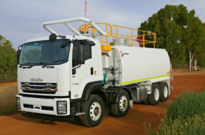 Shermac mine-spec water cart mounted on an Isuzu truck chassis, designed for dust suppression and site safety on mining and civil operations.