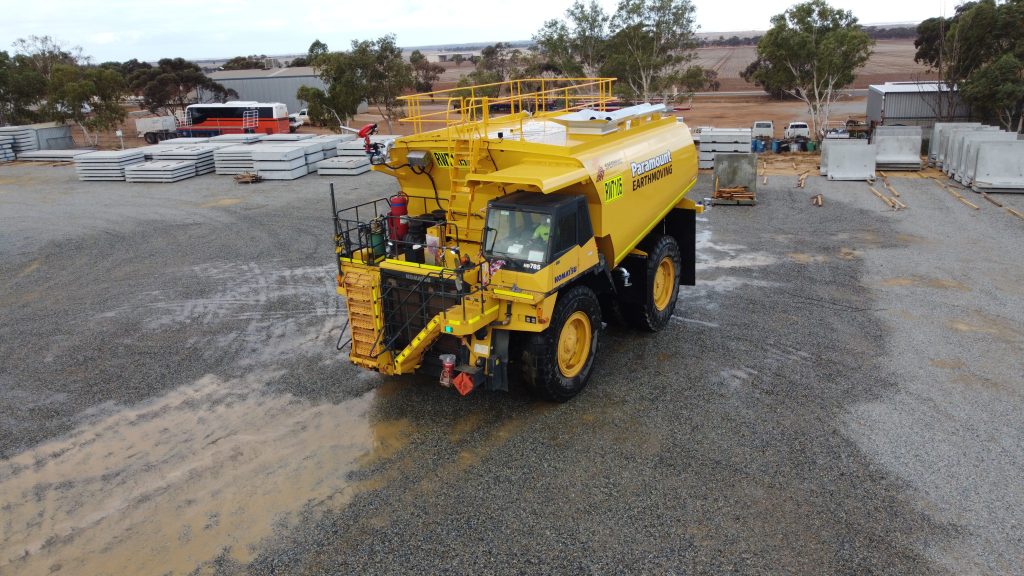 Aerial view of a Shermac off-road water cart built for Paramount Earthmoving at WA facility
