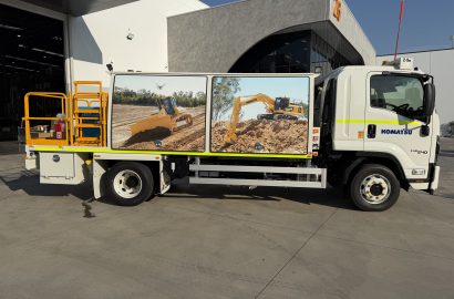 Shermac MS1000 mine-spec service vehicle parked outside the Shermac WA manufacturing facility, featuring custom service body, access platform, and integrated maintenance systems for mining and civil operations